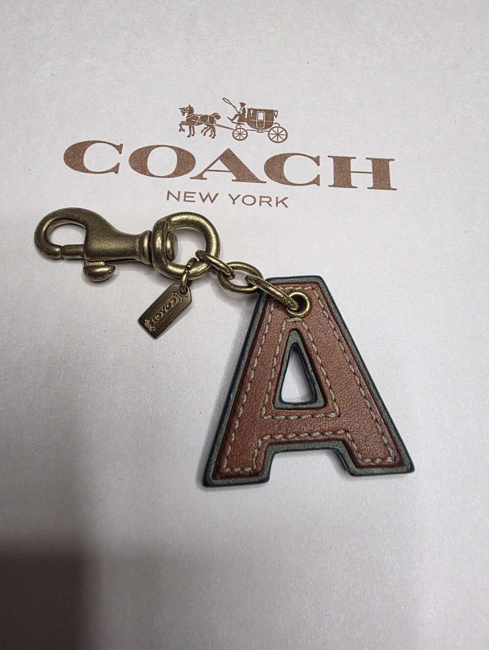 Authentic COACH Leather Initial Letter "A" Bag Charm Keychain Y2K Brown Navy
